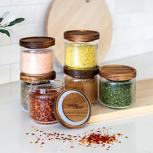 350ml-12 Ribbed Glass Storage Jars with Airtight Wooden Lids Set of