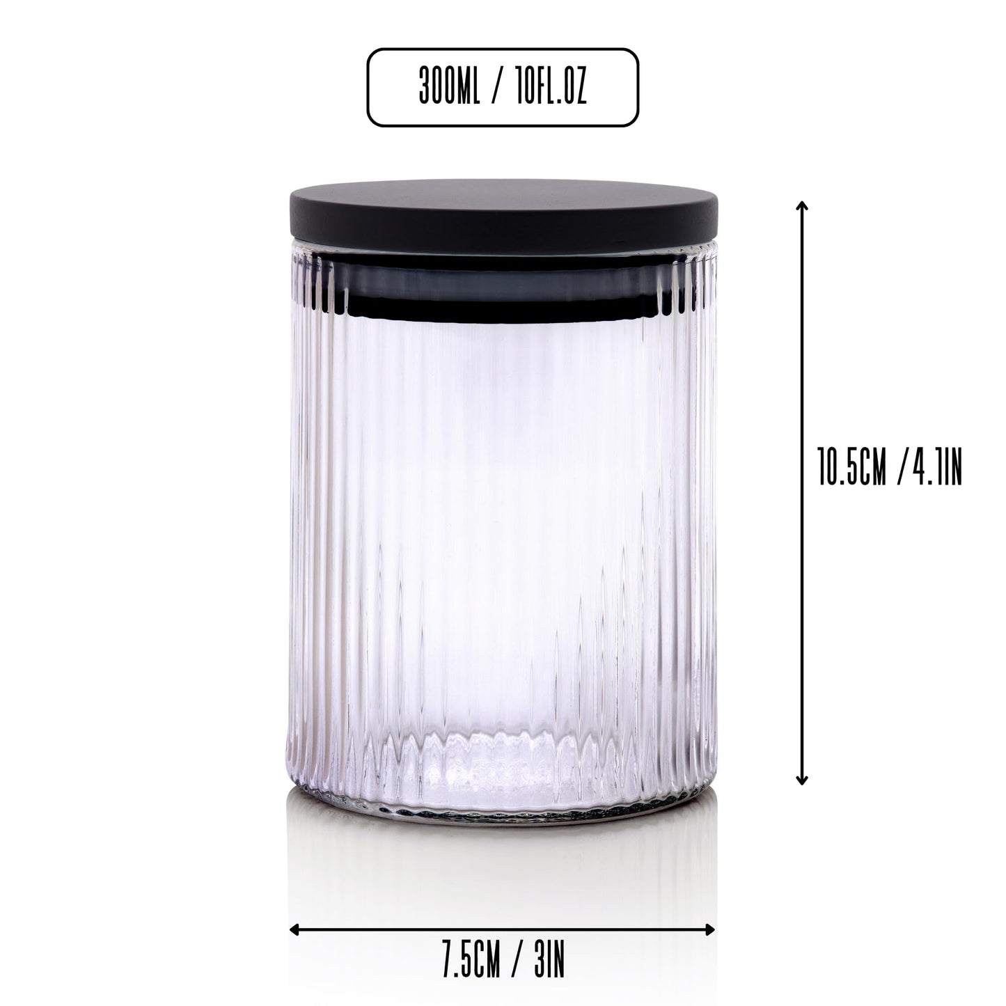 300ml-10 fl.oz Ribbed Glass Bathroom Jars with Airtight Black Bamboo Lids - Set of 2
