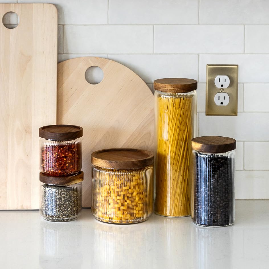 2.1L Ribbed Glass Storage Jars with Airtight Wooden Lids - Set of 2