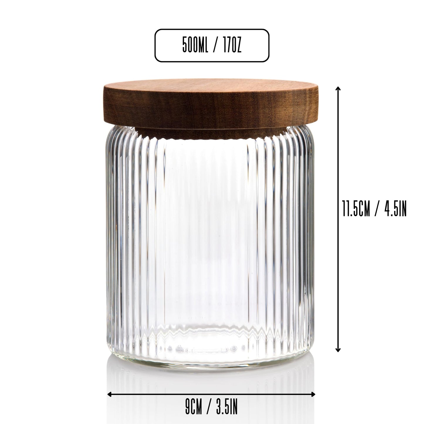 500ml-17 fl.oz Ribbed Glass Storage Jars with Airtight Wooden Lids - Set of 3