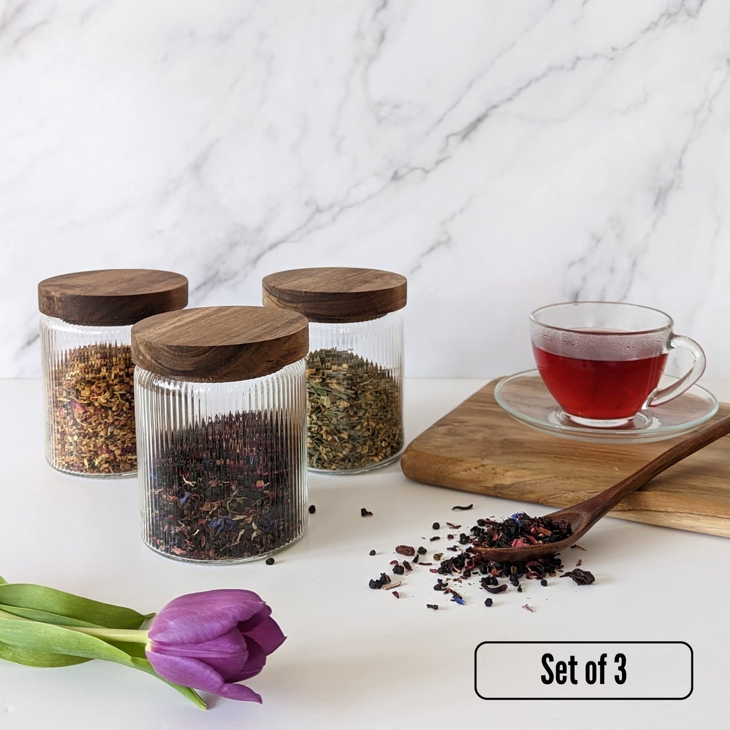 500ml-17 fl.oz Ribbed Glass Storage Jars with Airtight Wooden Lids - Set of 3