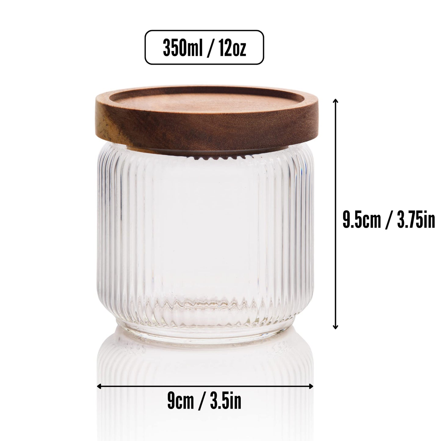 350ml-12 fl.oz Ribbed Glass Storage Jars with Airtight Wooden Lids - Set of 6