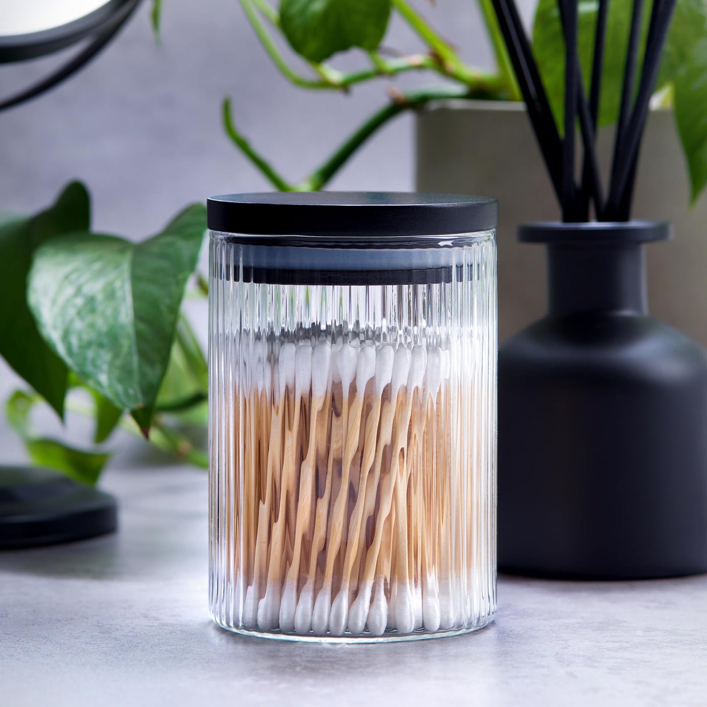 300ml-10 fl.oz Ribbed Glass Bathroom Jars with Airtight Black Bamboo Lids - Set of 2