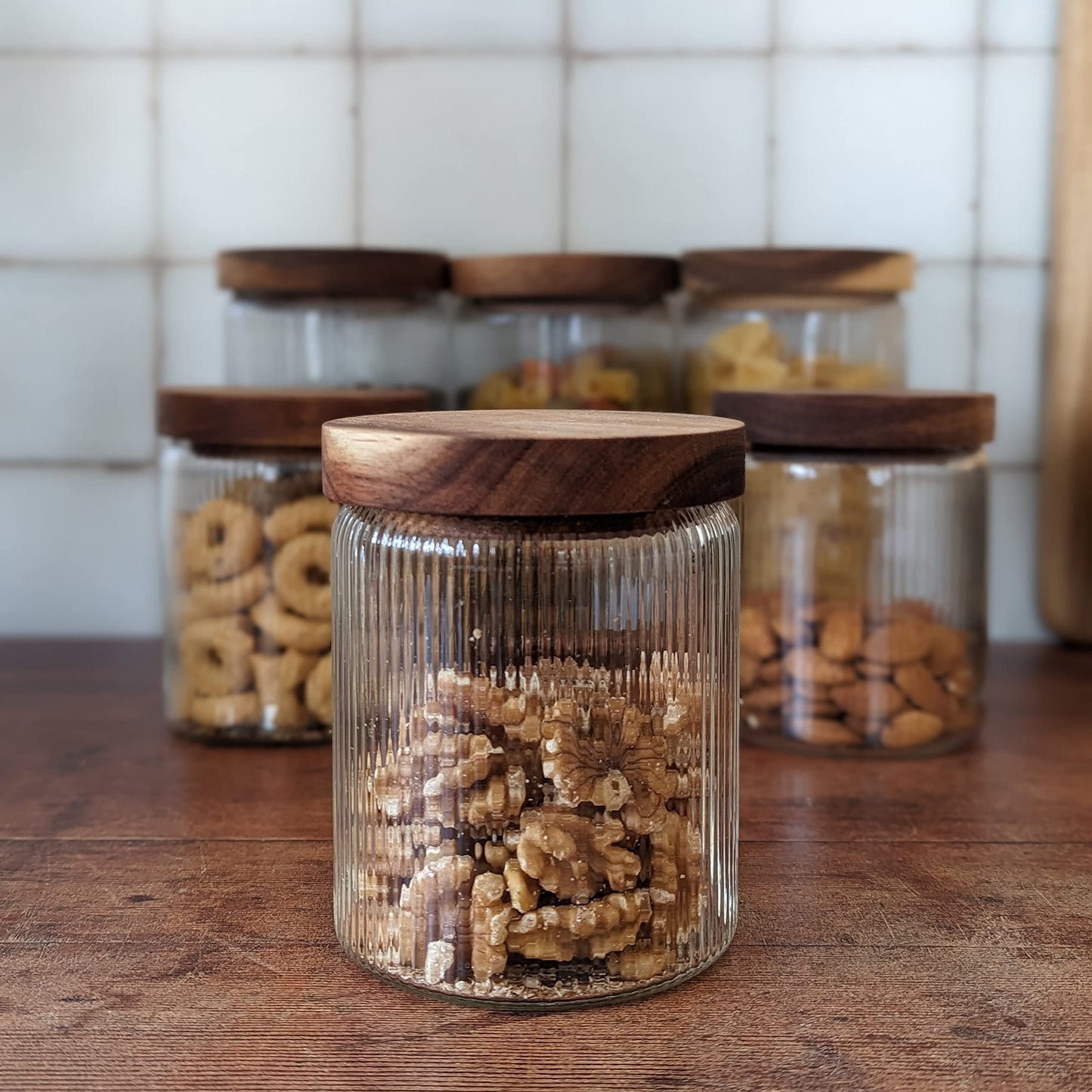 500ml-17 fl.oz Ribbed Glass Storage Jars with Airtight Wooden Lids - Set of 3