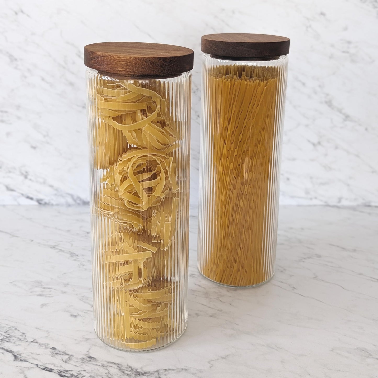 1800ml Ribbed Glass Storage Jars with Airtight Wooden Lids - Set of 2