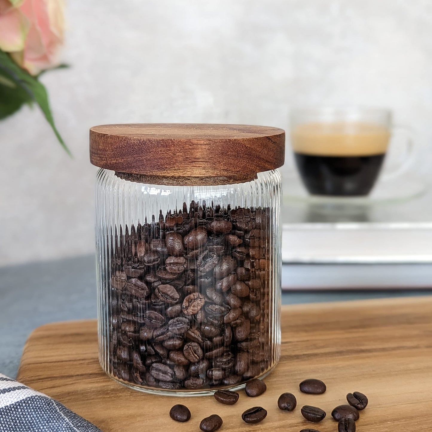 500ml-17 fl.oz Ribbed Glass Storage Jars with Airtight Wooden Lids - Set of 3
