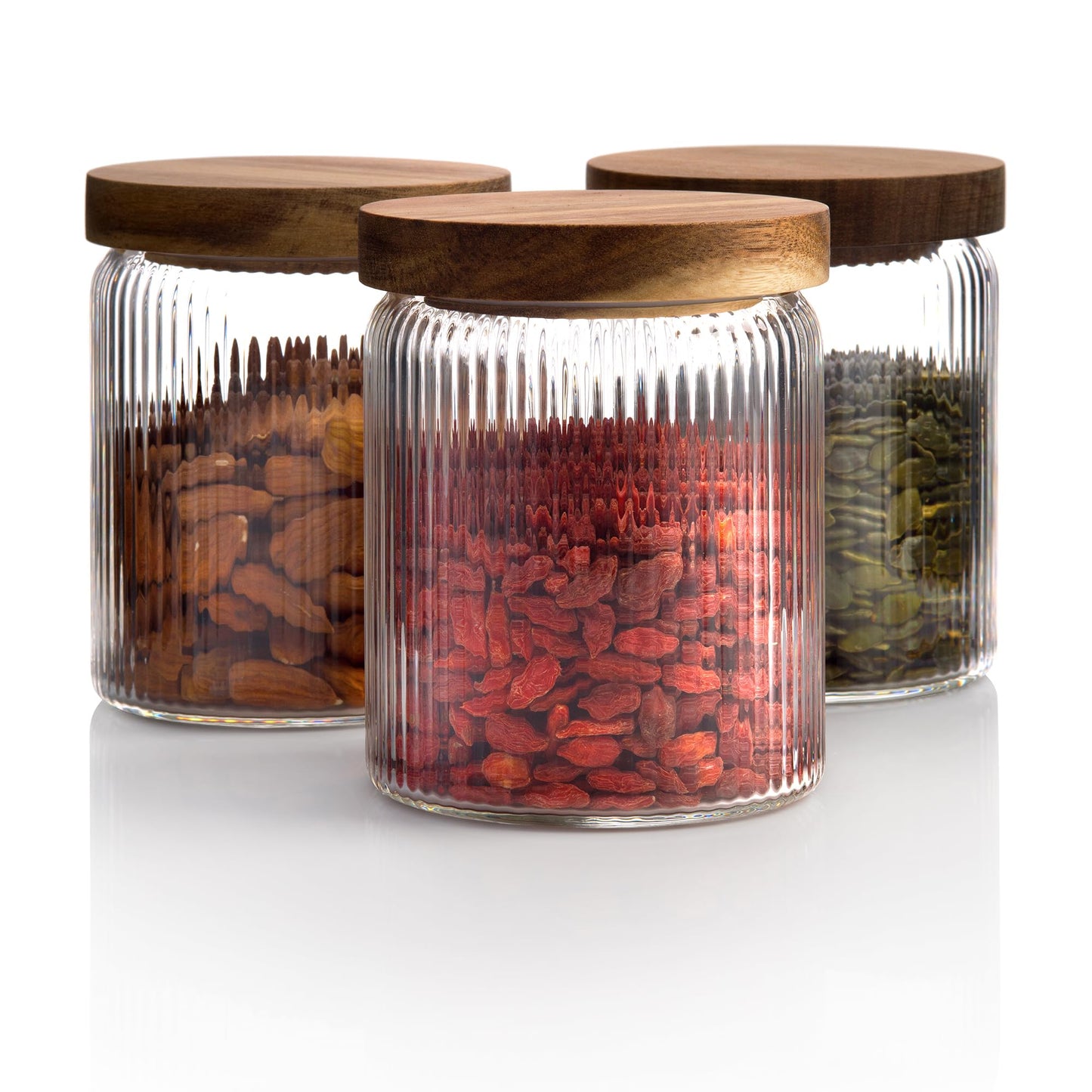 500ml-17 fl.oz Ribbed Glass Storage Jars with Airtight Wooden Lids - Set of 3