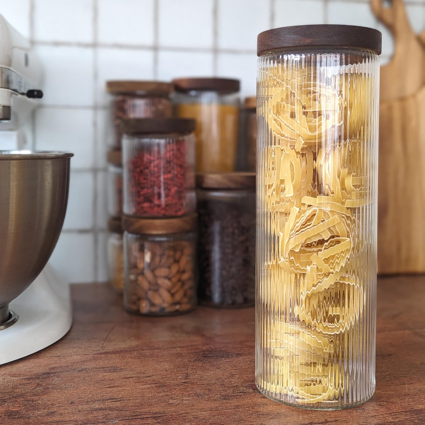 1800ml Ribbed Glass Storage Jars with Airtight Wooden Lids - Set of 2