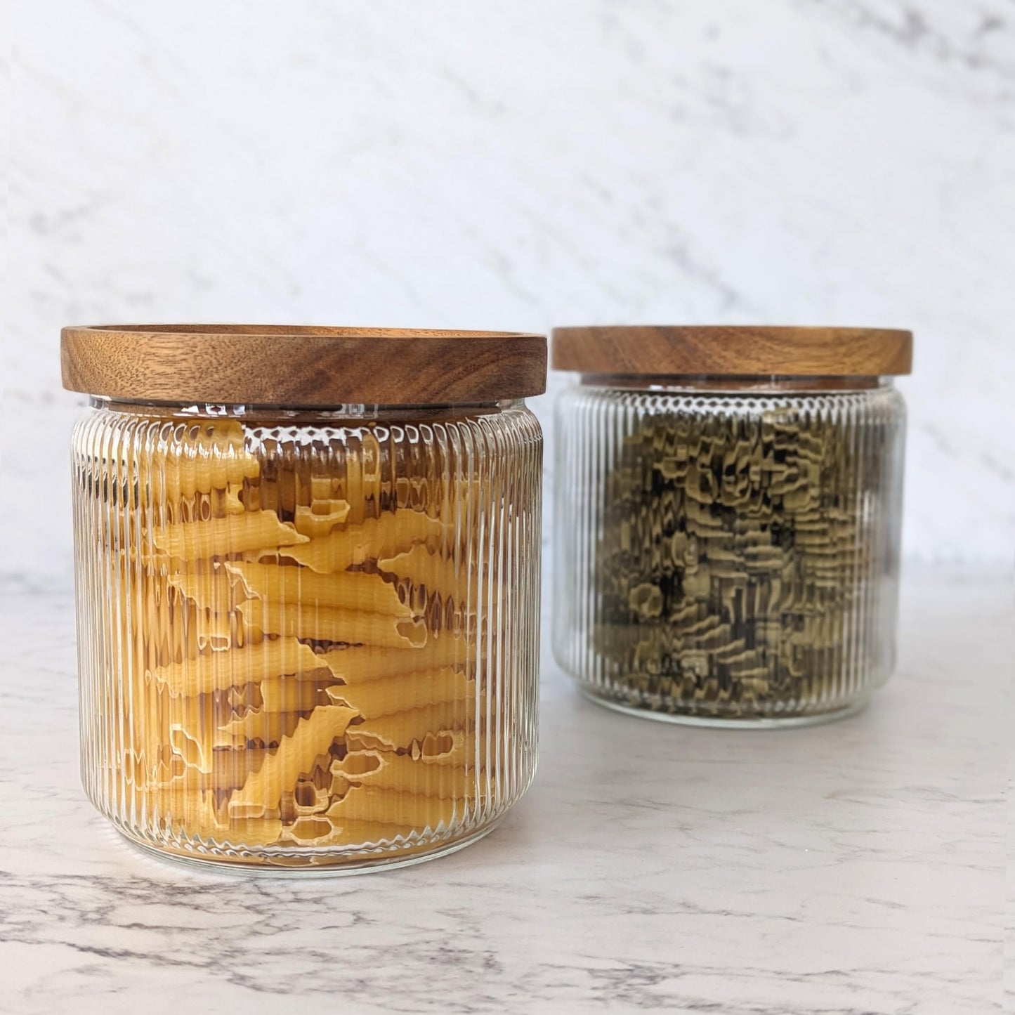 1250ml-40 fl.oz Ribbed Glass Storage Jars with Airtight Wooden Lids - Set of 2