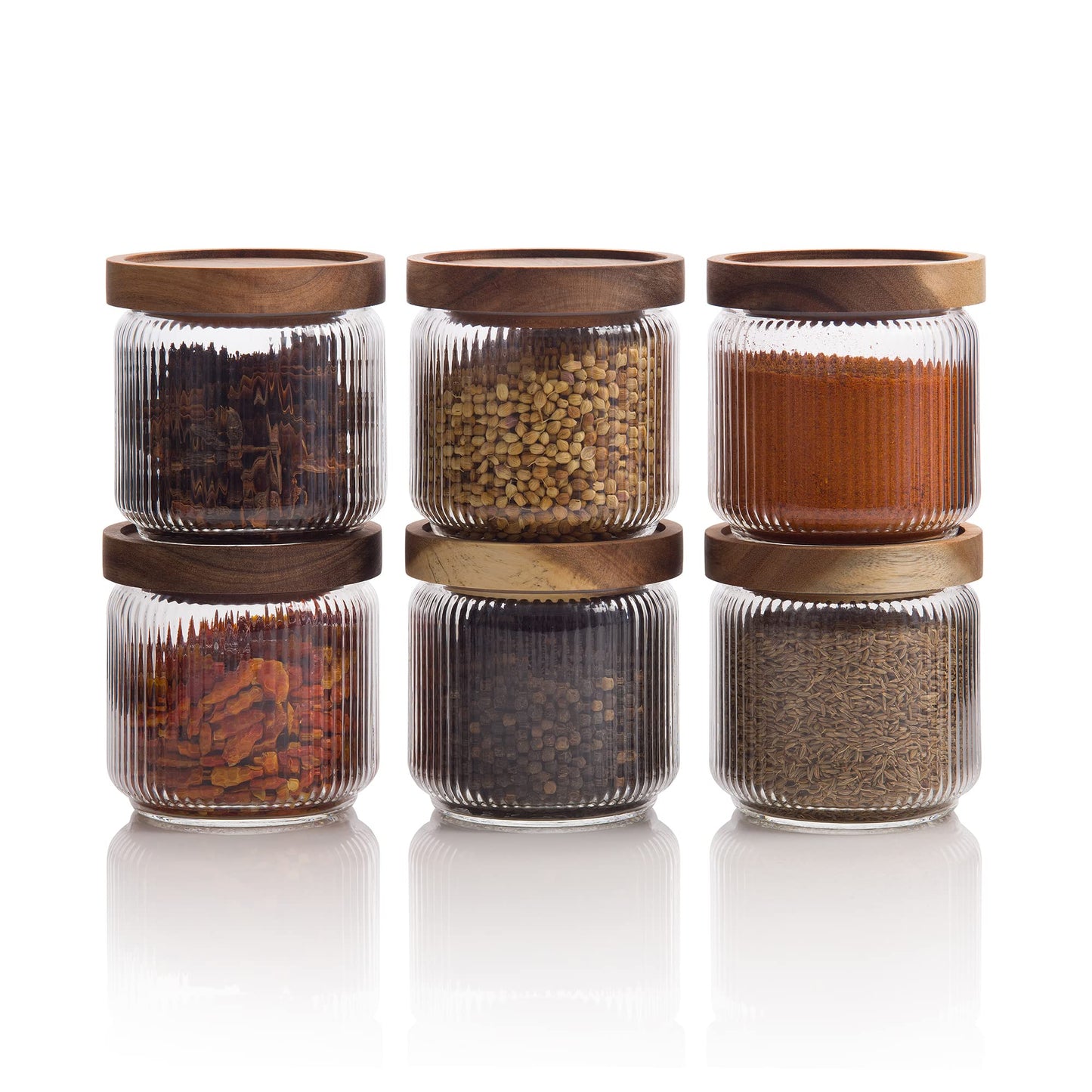 SECONDS- 350ml-12 fl.oz Ribbed Glass Storage Jars with Airtight Wooden Lids - Set of 6 (Copy)