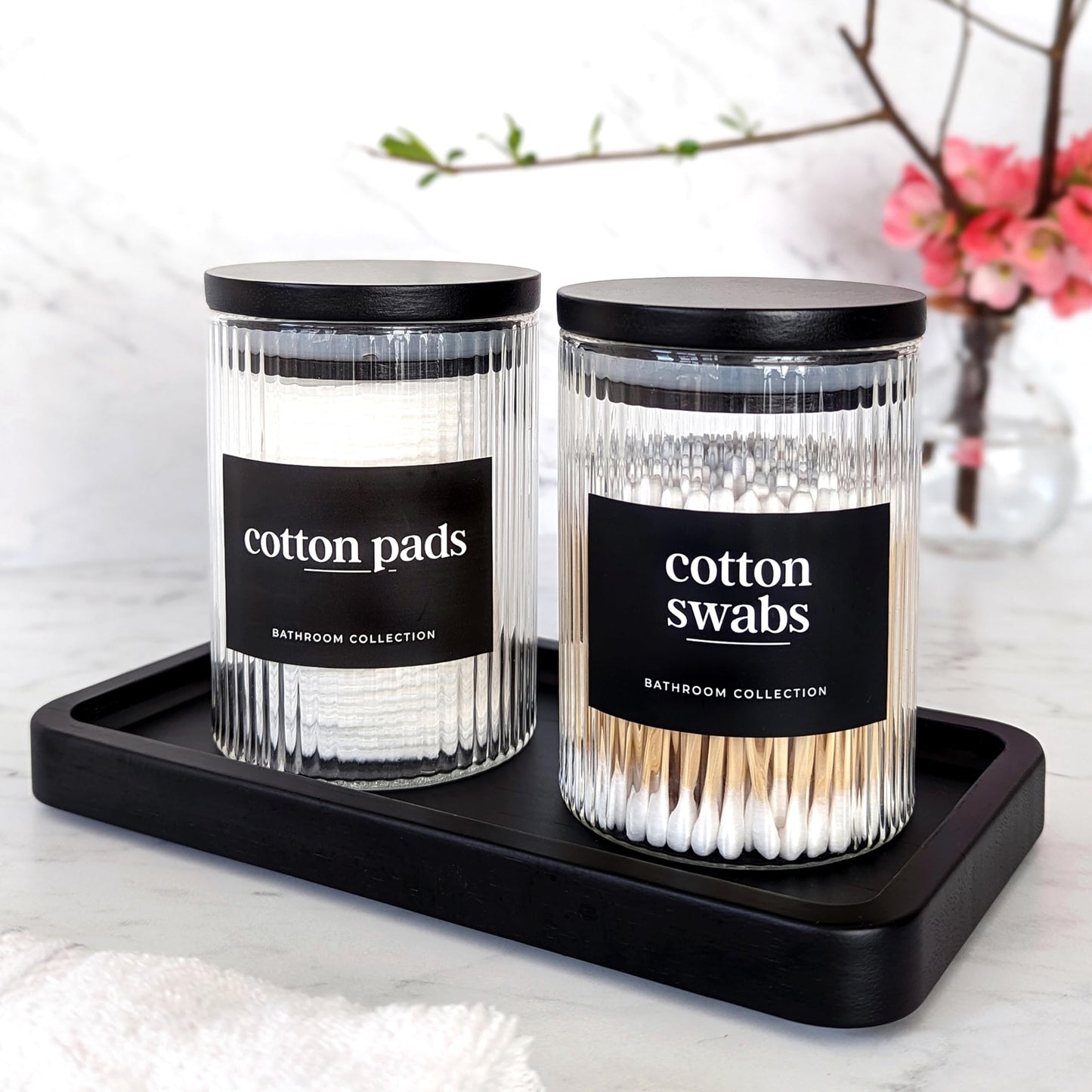 300ml-10 fl.oz Ribbed Glass Bathroom Jars with Airtight Black Bamboo Lids - Set of 2