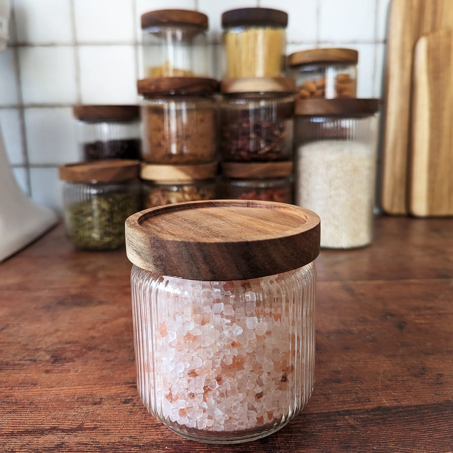 SECONDS- 350ml-12 fl.oz Ribbed Glass Storage Jars with Airtight Wooden Lids - Set of 6 (Copy)