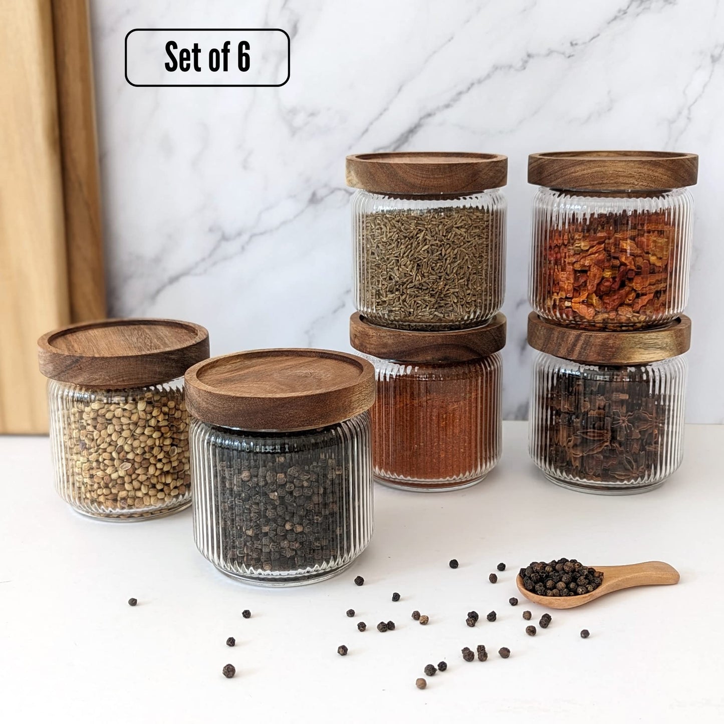 SECONDS- 350ml-12 fl.oz Ribbed Glass Storage Jars with Airtight Wooden Lids - Set of 6 (Copy)