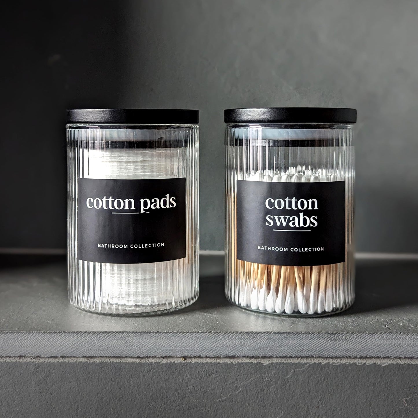 300ml-10 fl.oz Ribbed Glass Bathroom Jars with Airtight Black Bamboo Lids - Set of 2