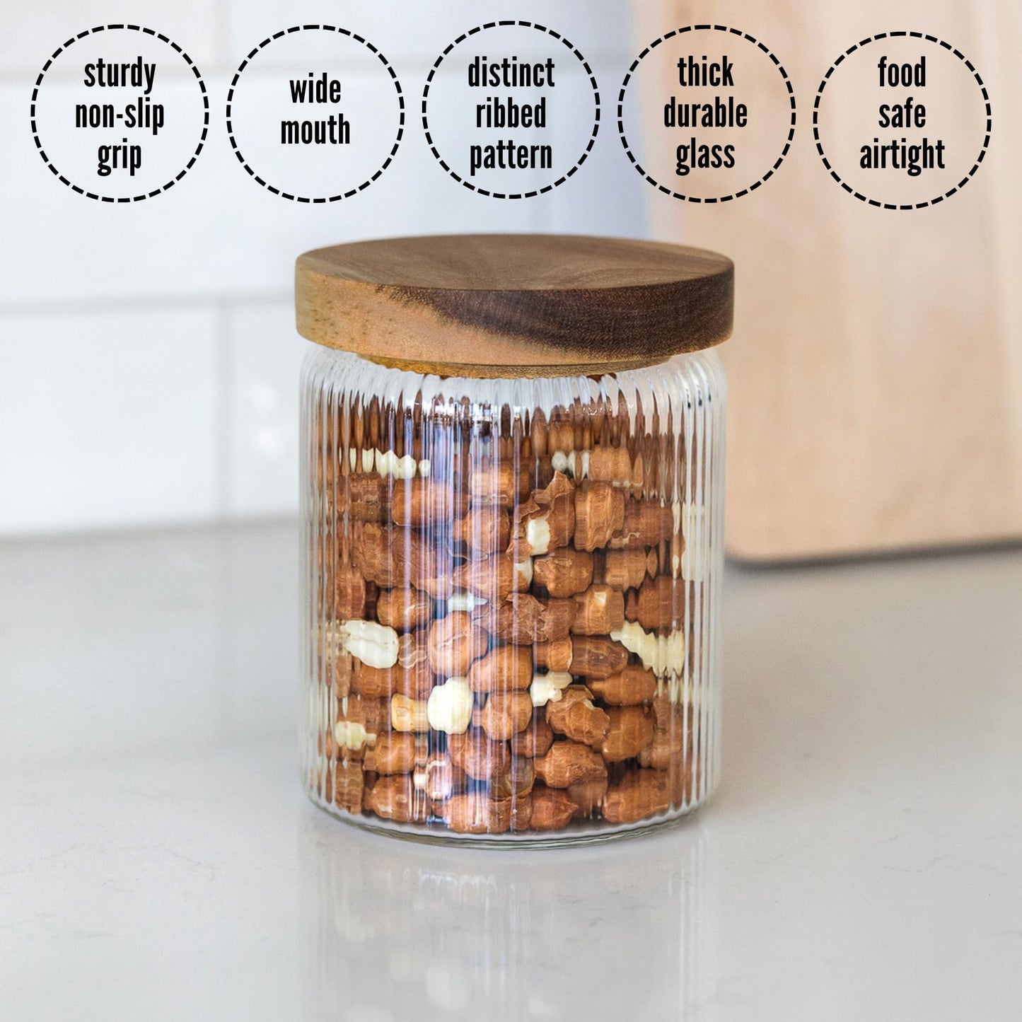 500ml-17 fl.oz Ribbed Glass Storage Jars with Airtight Wooden Lids - Set of 3