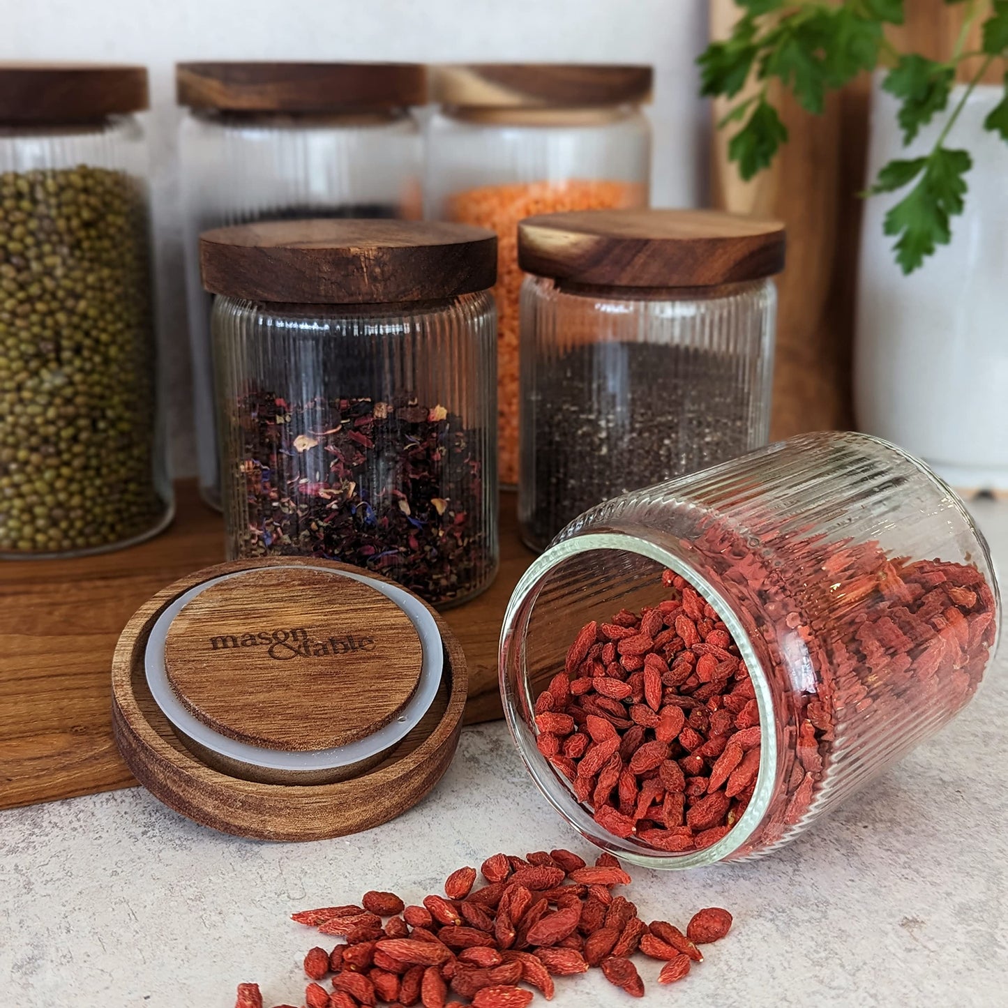 500ml-17 fl.oz Ribbed Glass Storage Jars with Airtight Wooden Lids - Set of 3