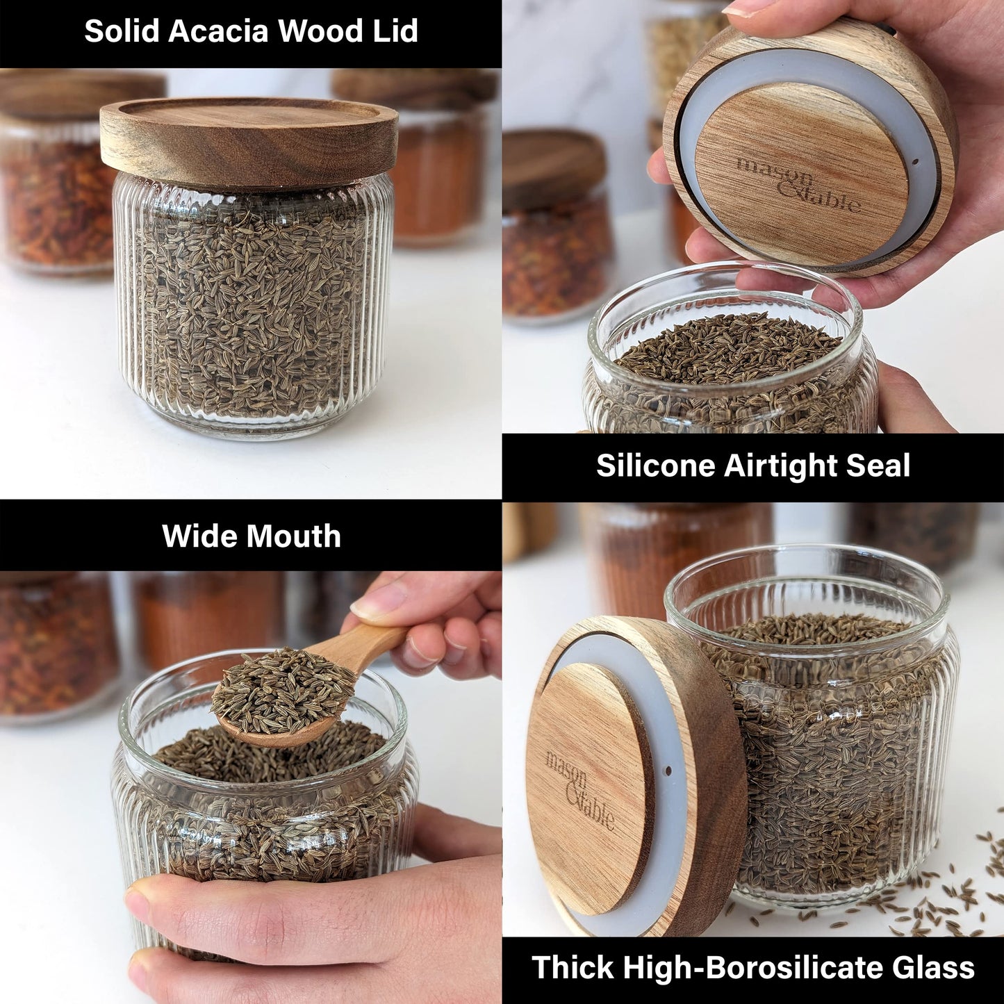 SECONDS- 350ml-12 fl.oz Ribbed Glass Storage Jars with Airtight Wooden Lids - Set of 6 (Copy)