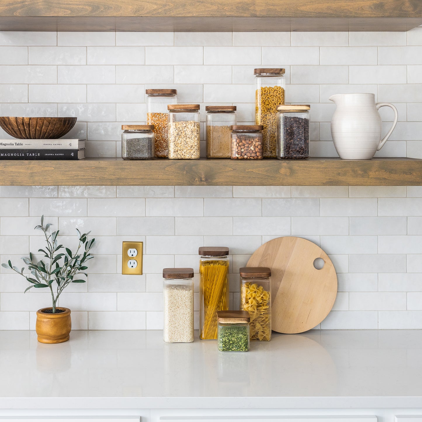 750ml-25 fl.oz Square Ribbed Glass Storage Jars with Airtight Wooden Lids - Set of 3