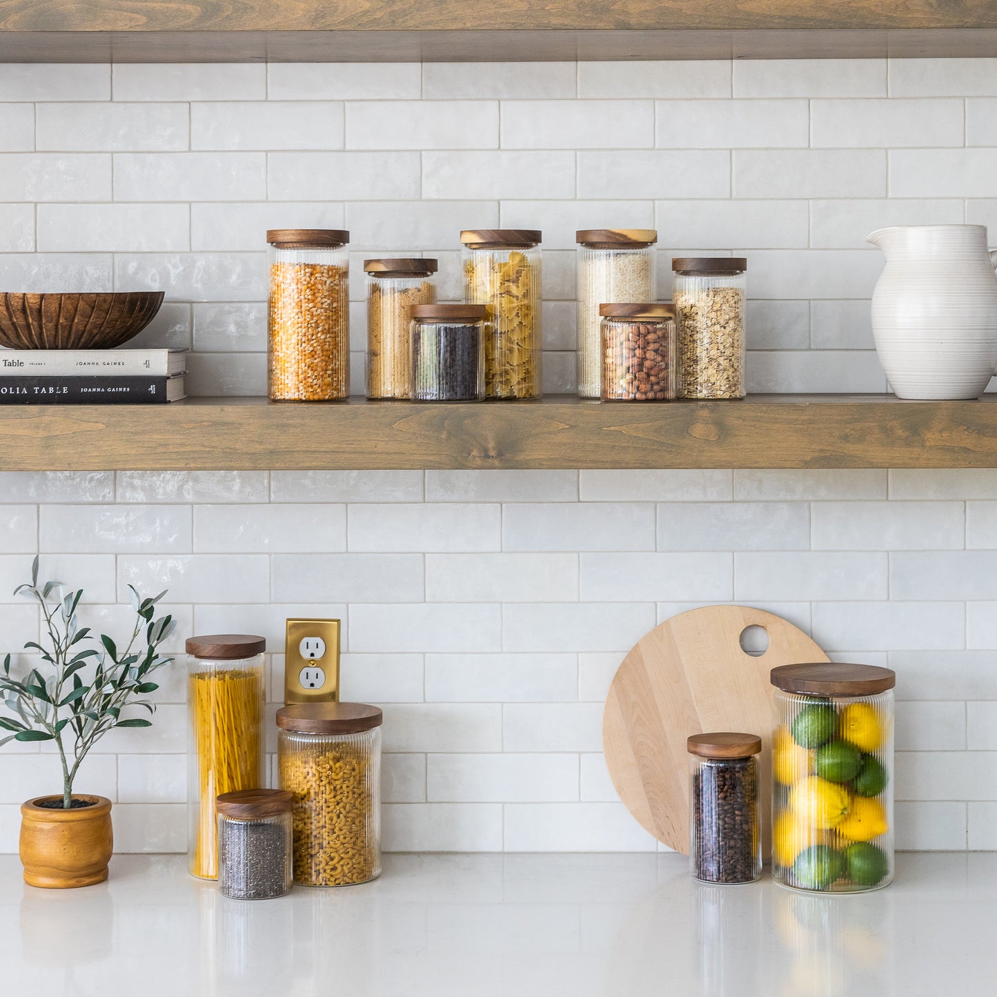 1300ml-44fl.oz Ribbed Glass Storage Jars with Airtight Wooden Lids - Set of 3