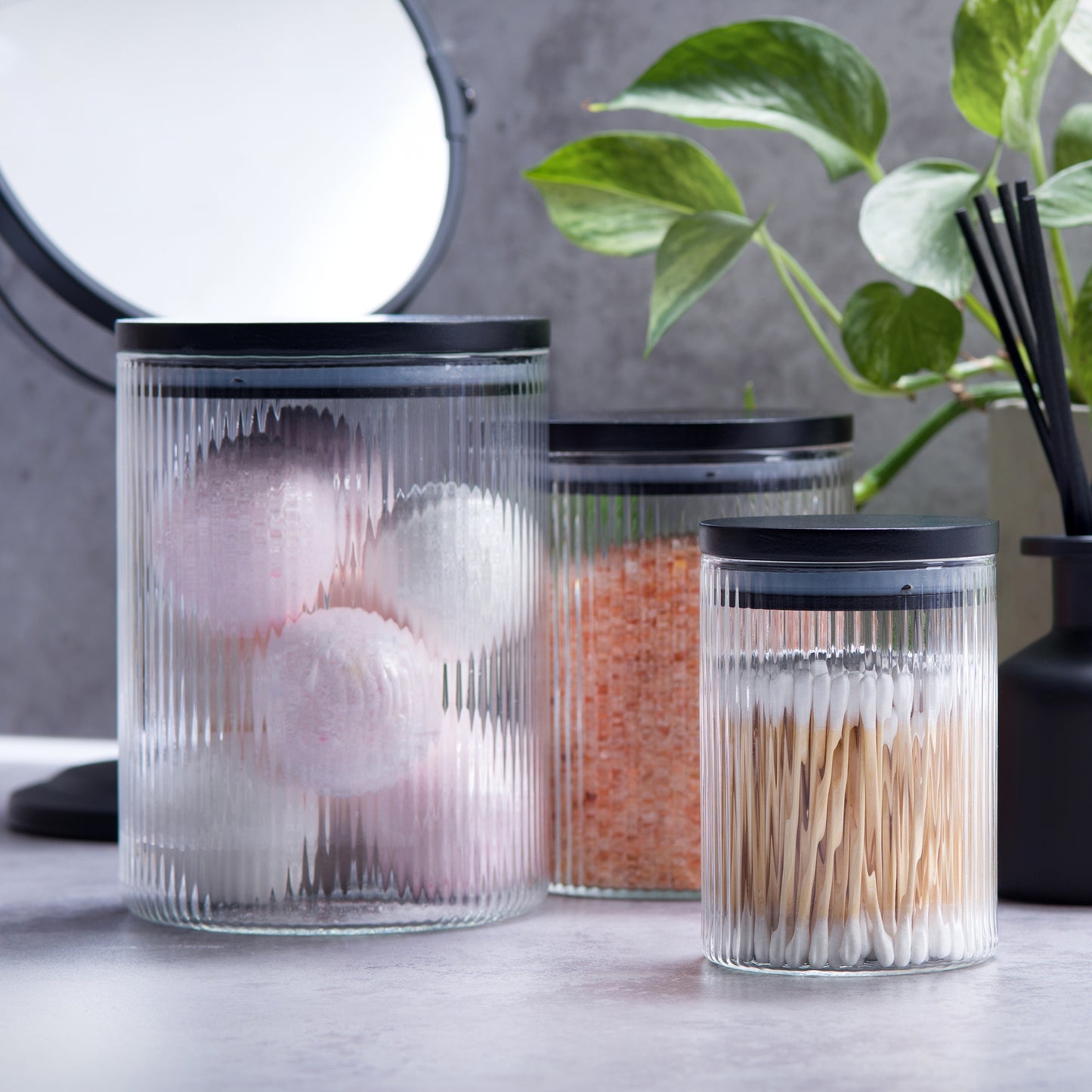 Set of 3 Multi-Size Ribbed Glass Bathroom Jars with Airtight Black Bamboo Lids -