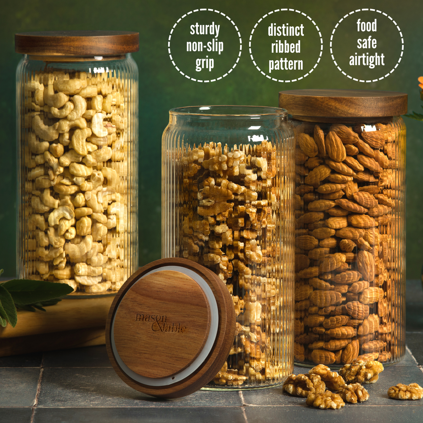 1300ml-44fl.oz Ribbed Glass Storage Jars with Airtight Wooden Lids - Set of 3