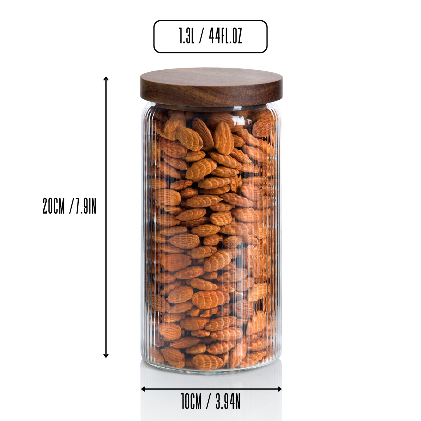 1300ml-44fl.oz Ribbed Glass Storage Jars with Airtight Wooden Lids - Set of 3