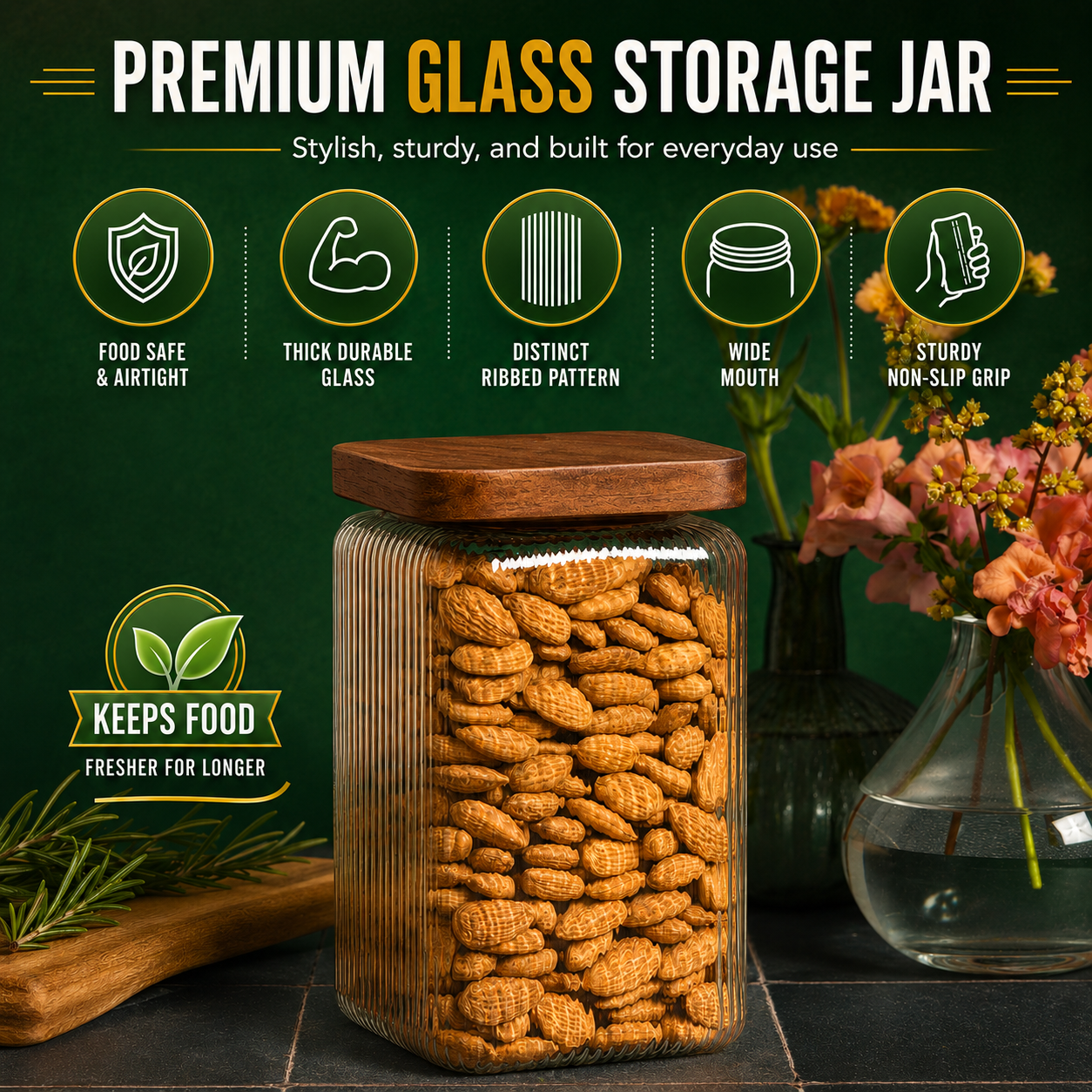 1350ml-45 fl.oz Square Ribbed Glass Storage Jars with Airtight Wooden Lids - Set of 3