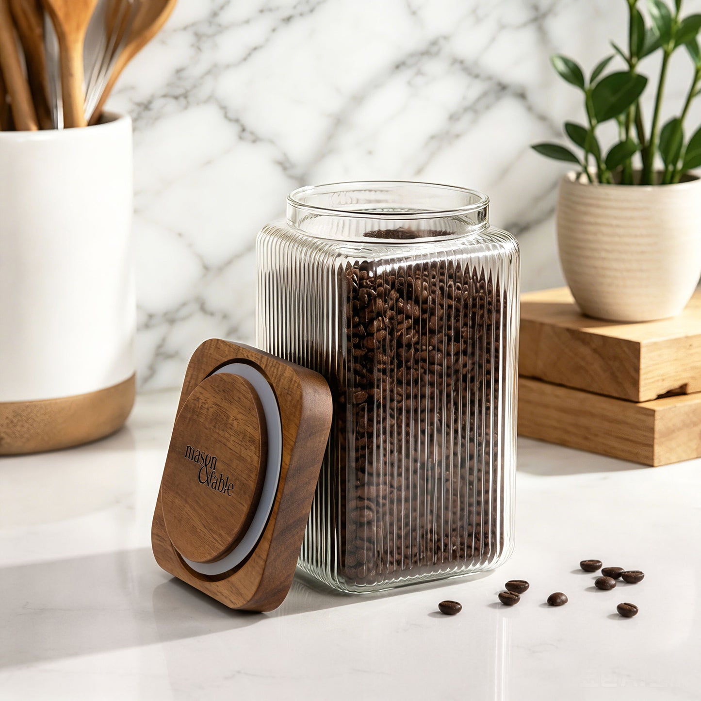 1350ml-45 fl.oz Square Ribbed Glass Storage Jars with Airtight Wooden Lids - Set of 3