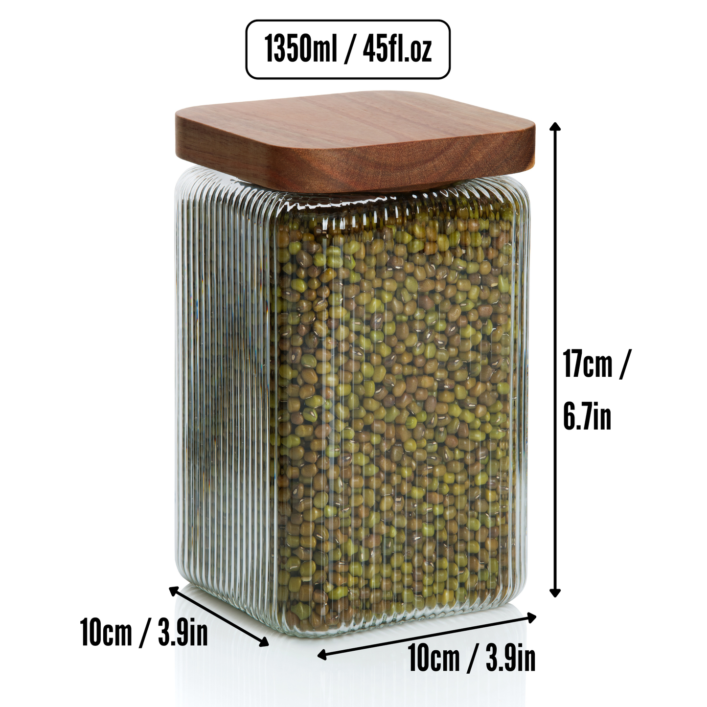 1350ml-45 fl.oz Square Ribbed Glass Storage Jars with Airtight Wooden Lids - Set of 3