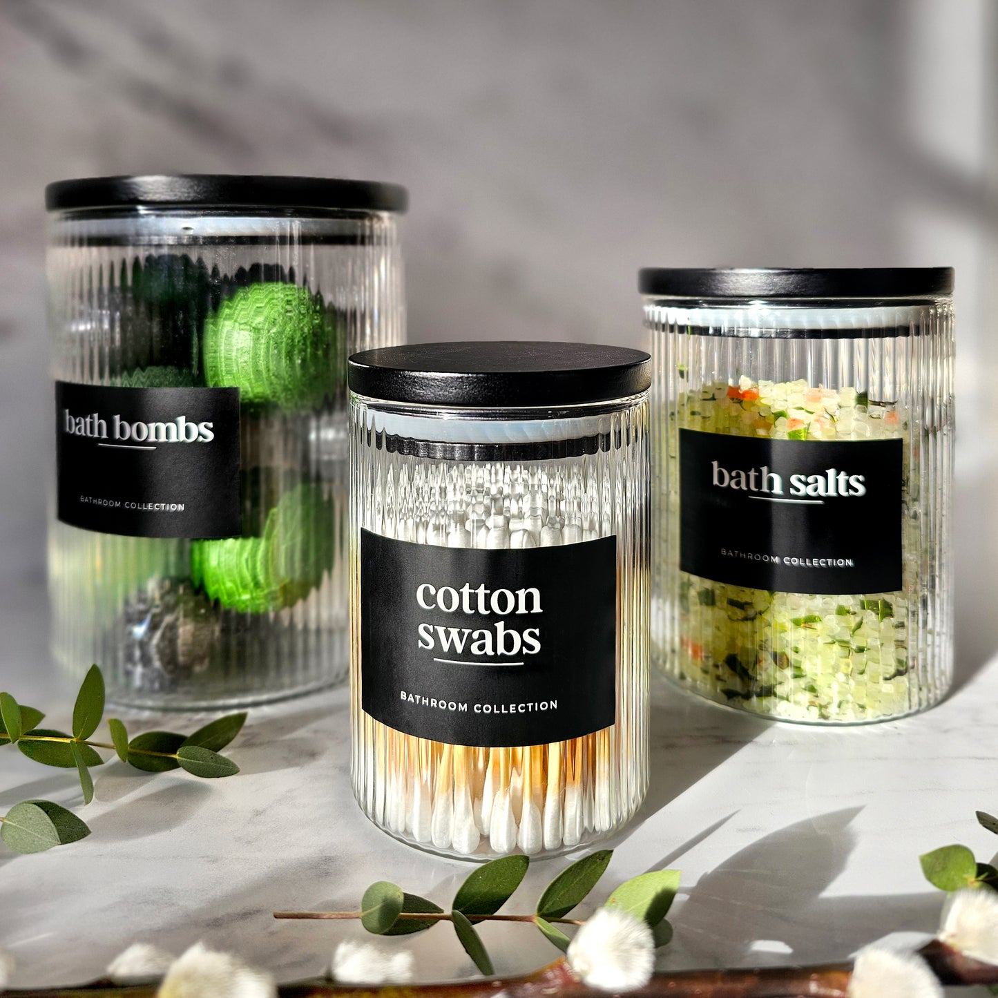 Set of 3 Multi-Size Ribbed Glass Bathroom Jars with Airtight Black Bamboo Lids -