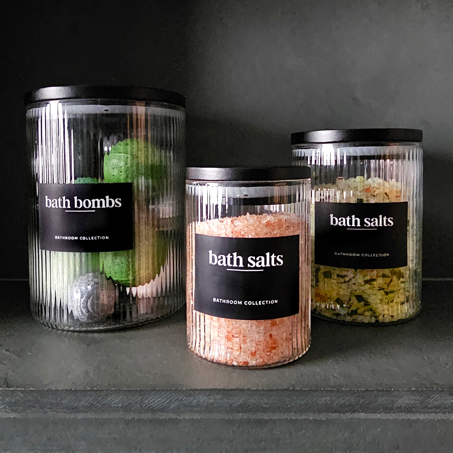 Set of 3 Multi-Size Ribbed Glass Bathroom Jars with Airtight Black Bamboo Lids -