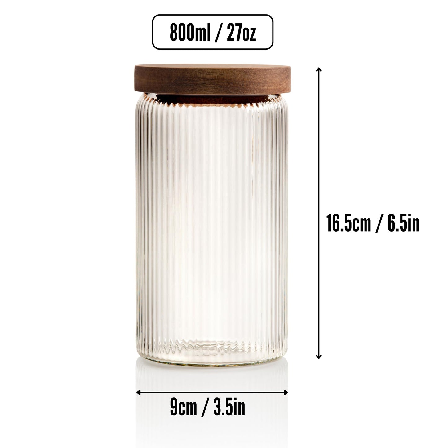 SECONDS-800ml-27 fl.oz Ribbed Glass Storage Jars with Airtight Wooden Lids - Set of 3