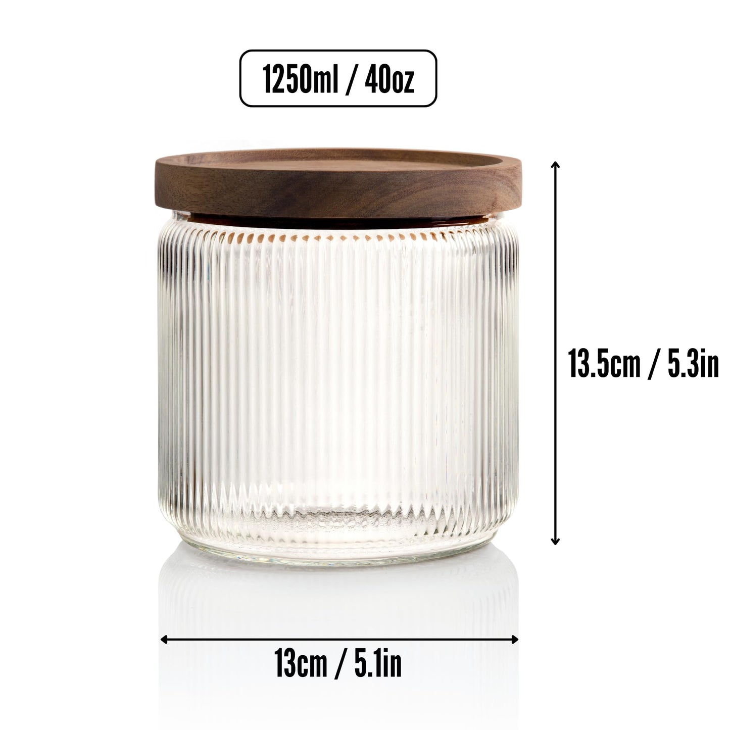 1250ml-40 fl.oz Ribbed Glass Storage Jars with Airtight Wooden Lids - Set of 2