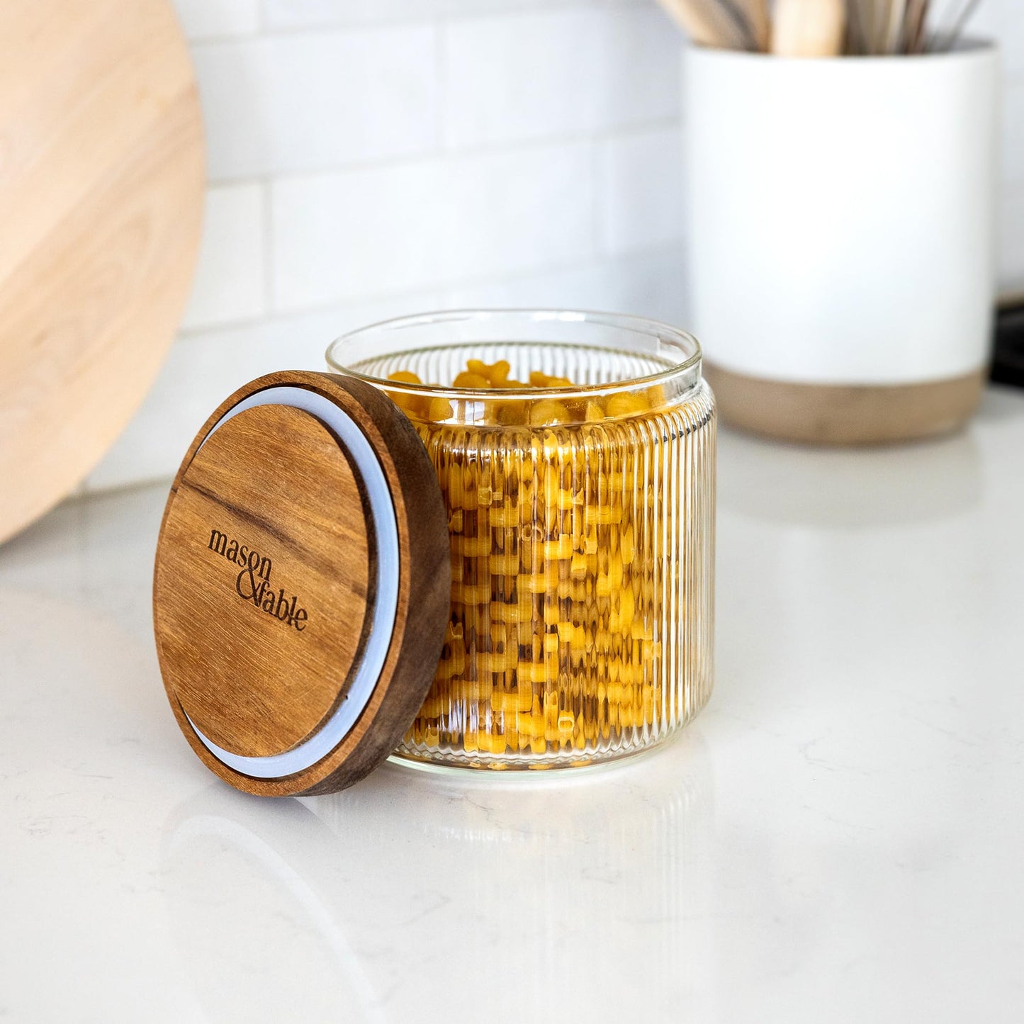 1250ml-40 fl.oz Ribbed Glass Storage Jars with Airtight Wooden Lids - Set of 2