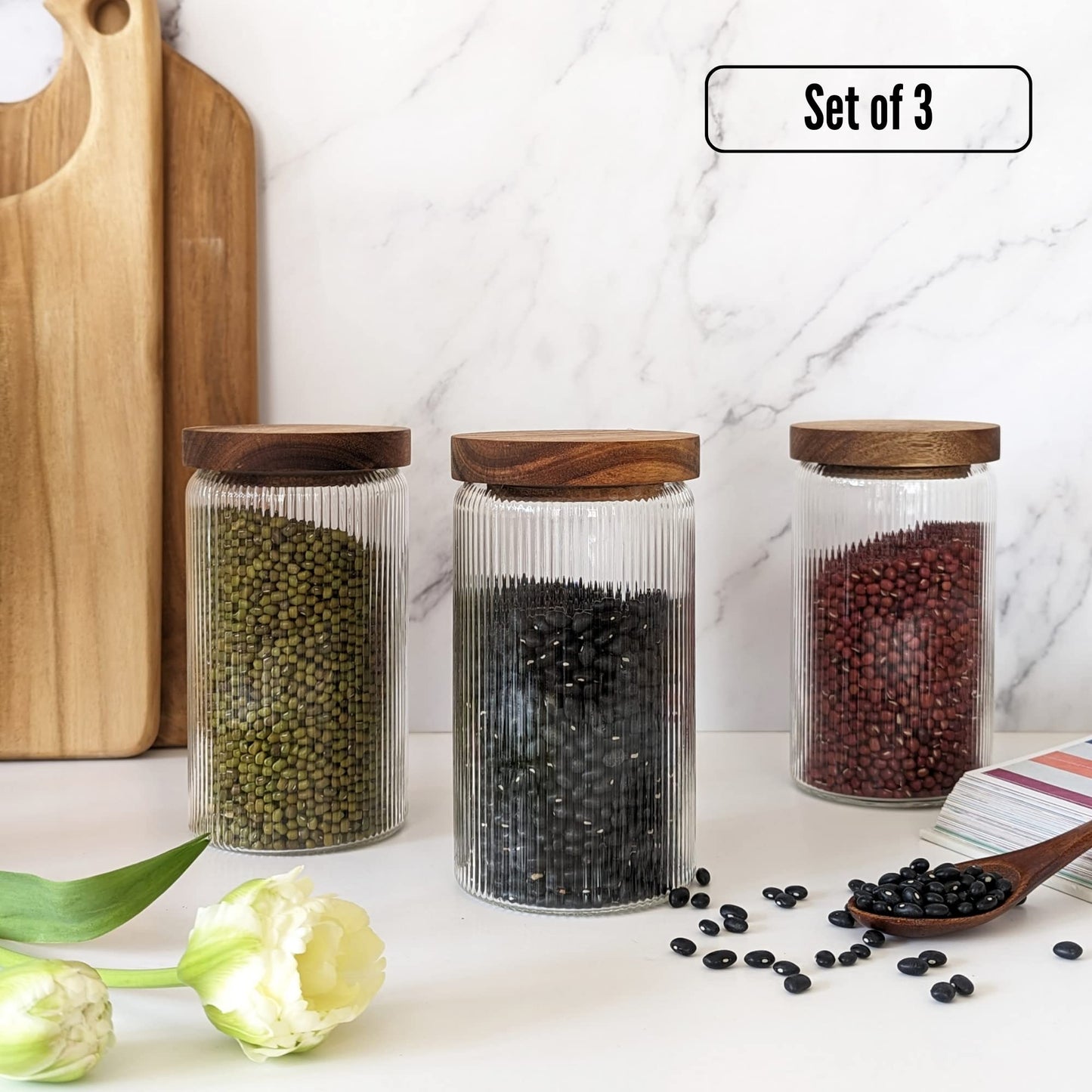 SECONDS-800ml-27 fl.oz Ribbed Glass Storage Jars with Airtight Wooden Lids - Set of 3