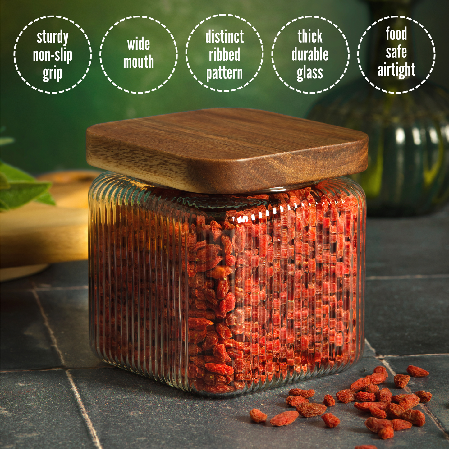 750ml-25 fl.oz Square Ribbed Glass Storage Jars with Airtight Wooden Lids - Set of 3