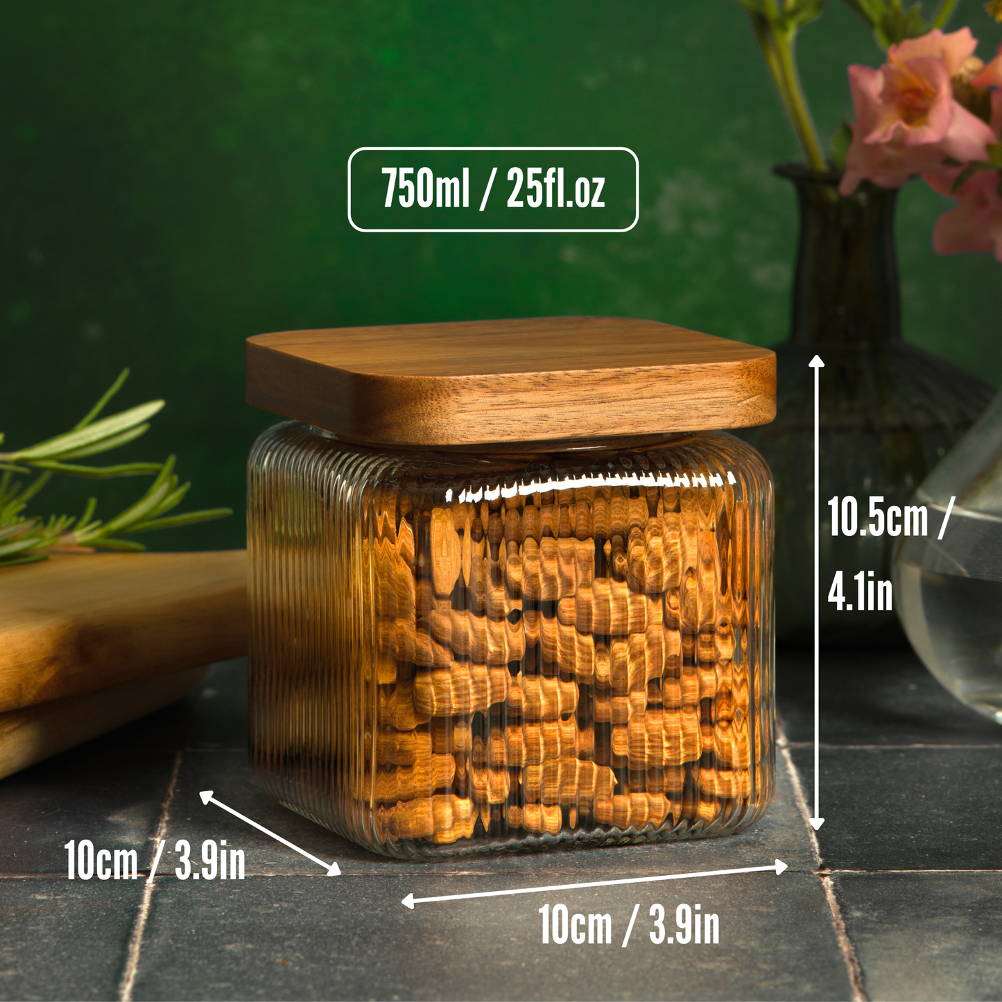 750ml-25 fl.oz Square Ribbed Glass Storage Jars with Airtight Wooden Lids - Set of 3