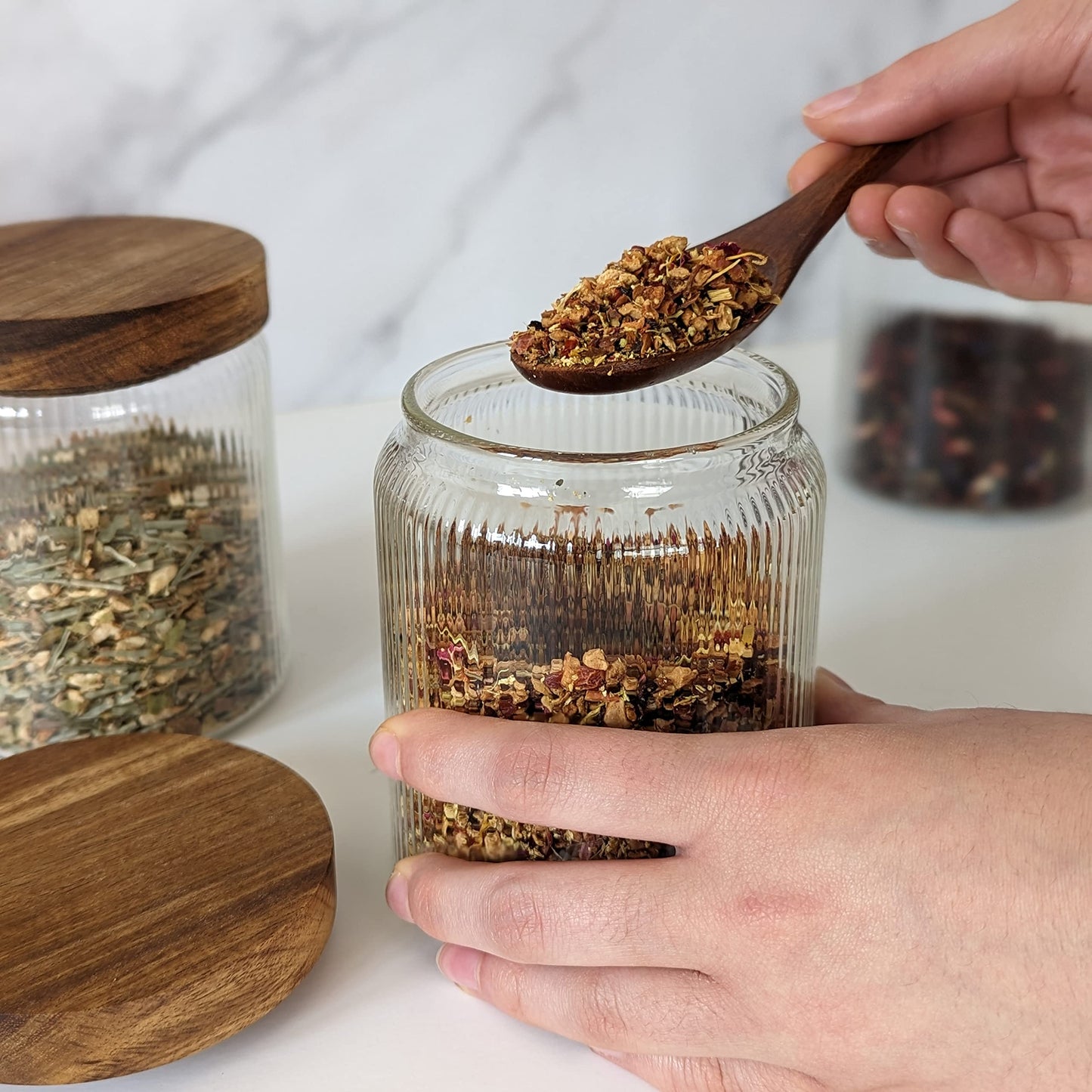 500ml-17 fl.oz Ribbed Glass Storage Jars with Airtight Wooden Lids - Set of 3