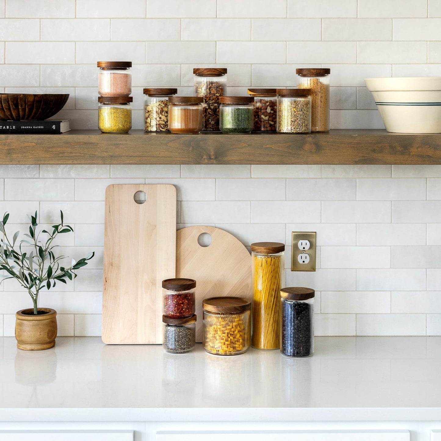 1250ml-40 fl.oz Ribbed Glass Storage Jars with Airtight Wooden Lids - Set of 2