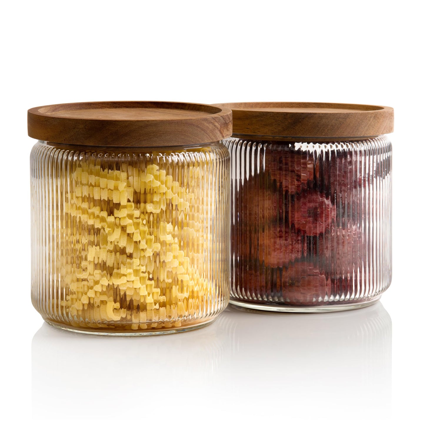 1250ml-40 fl.oz Ribbed Glass Storage Jars with Airtight Wooden Lids - Set of 2