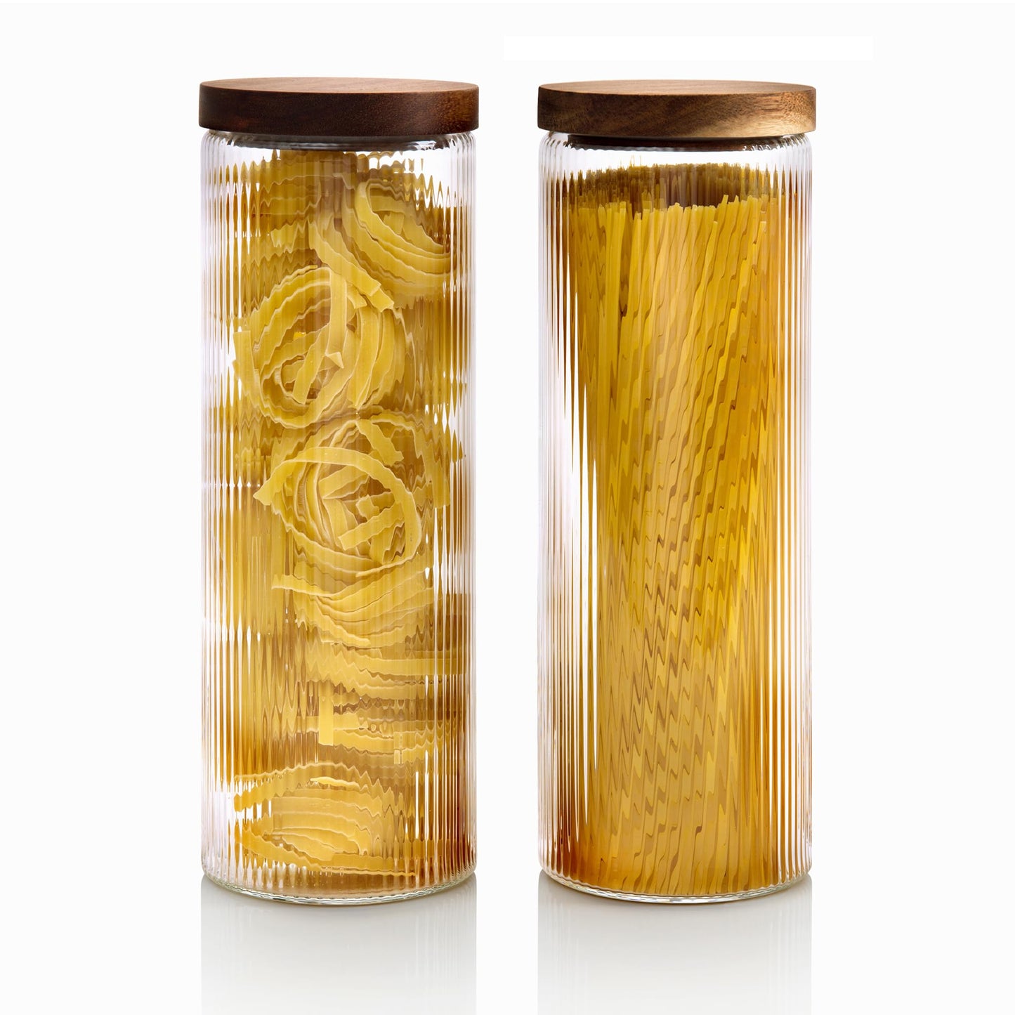 1800ml Ribbed Glass Storage Jars with Airtight Wooden Lids - Set of 2