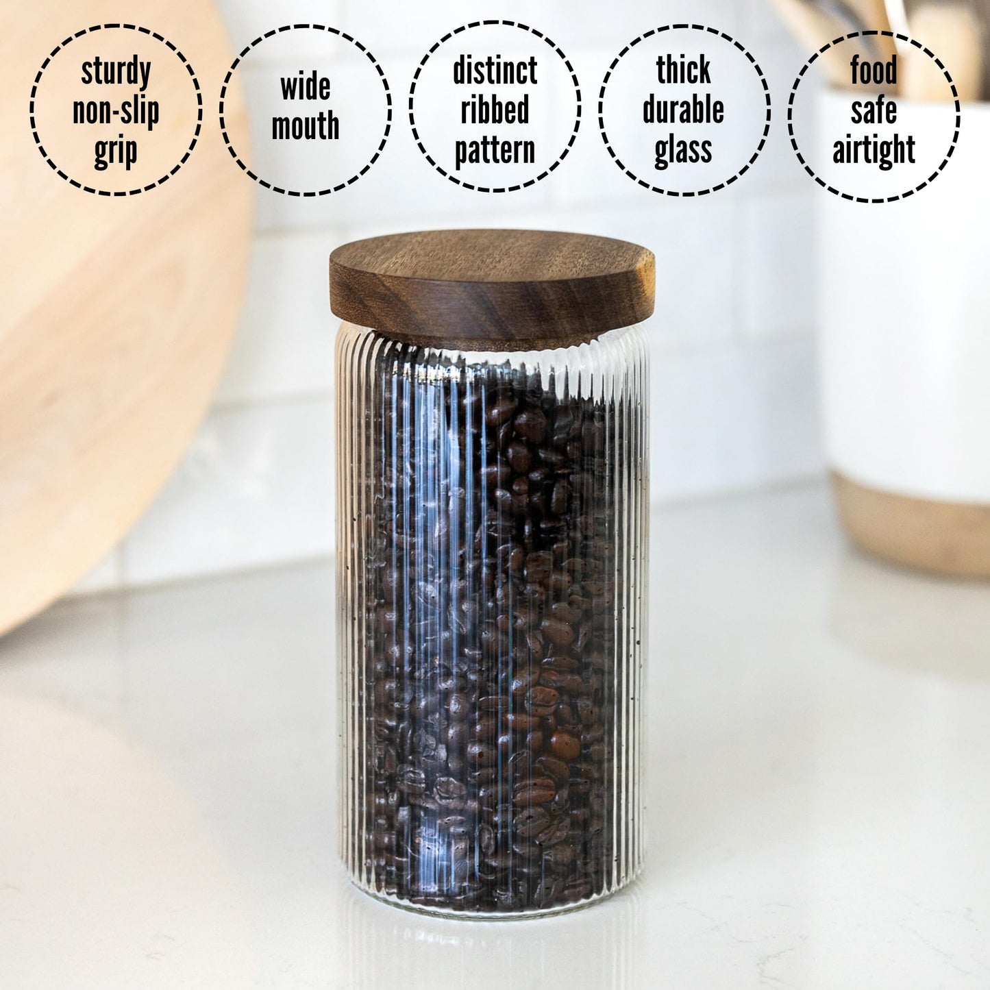 SECONDS-800ml-27 fl.oz Ribbed Glass Storage Jars with Airtight Wooden Lids - Set of 3