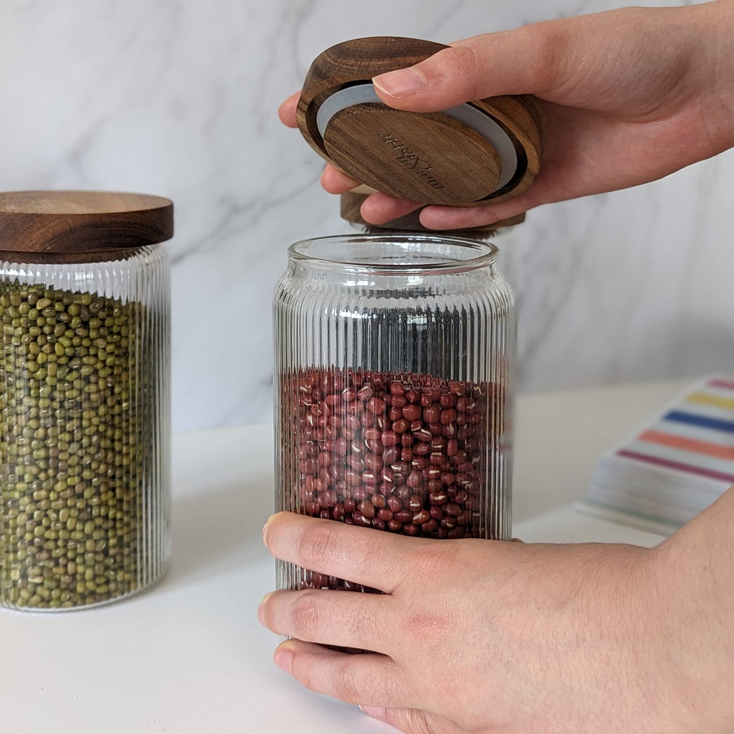 SECONDS-800ml-27 fl.oz Ribbed Glass Storage Jars with Airtight Wooden Lids - Set of 3