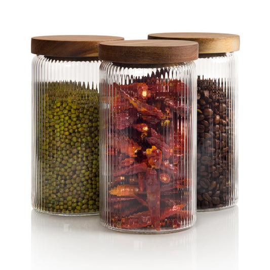SECONDS-800ml-27 fl.oz Ribbed Glass Storage Jars with Airtight Wooden Lids - Set of 3