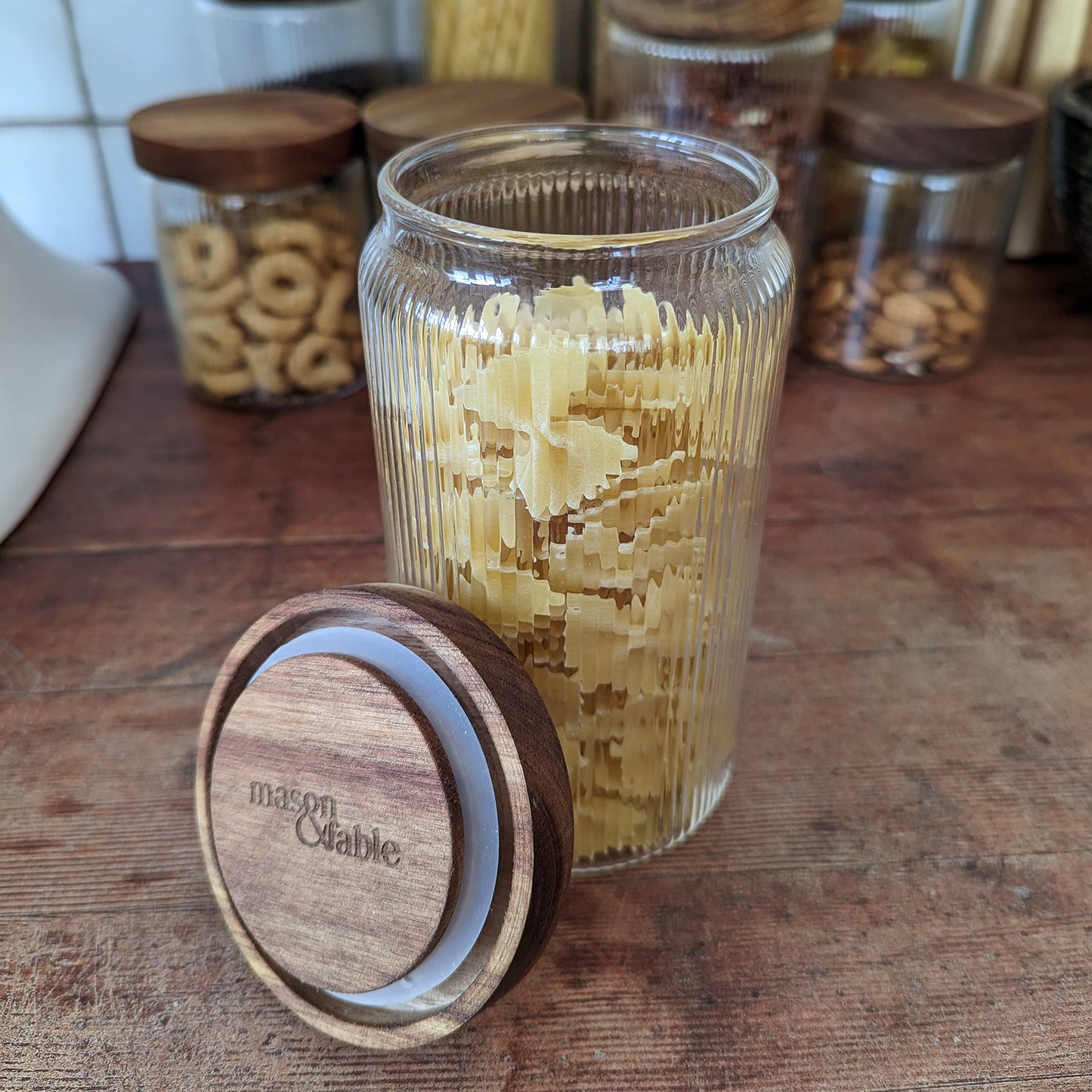 SECONDS-800ml-27 fl.oz Ribbed Glass Storage Jars with Airtight Wooden Lids - Set of 3