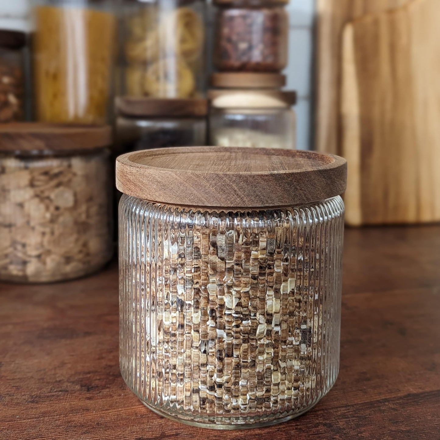 1250ml-40 fl.oz Ribbed Glass Storage Jars with Airtight Wooden Lids - Set of 2
