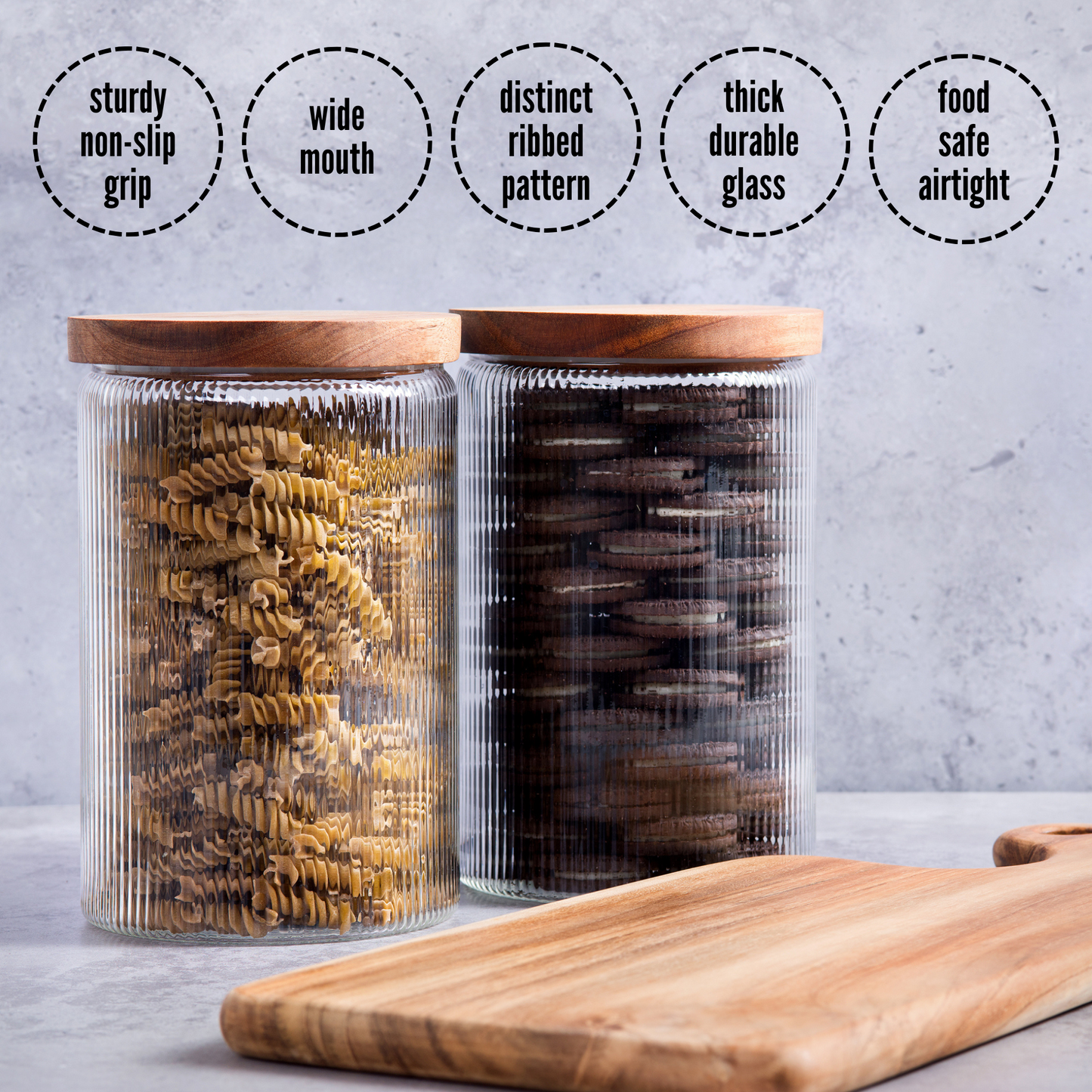 2.1L Ribbed Glass Storage Jars with Airtight Wooden Lids - Set of 2