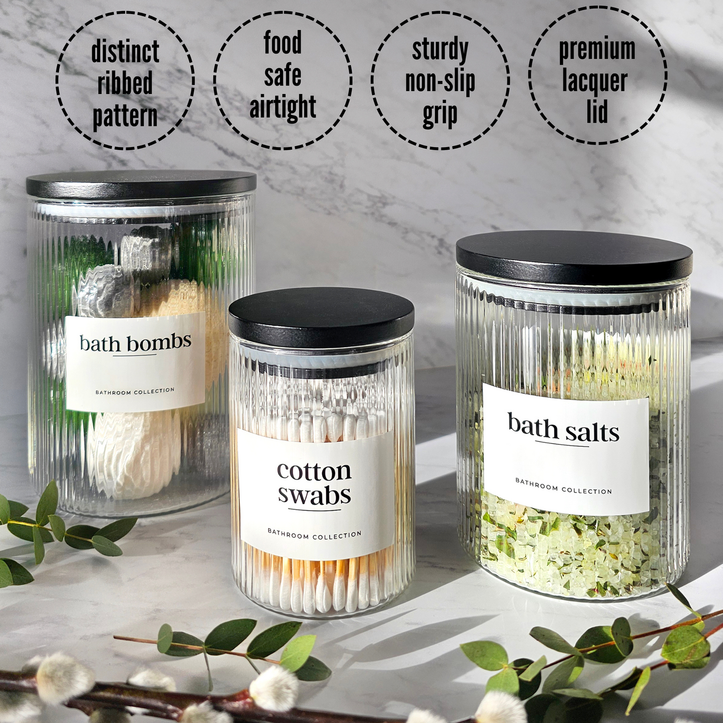 Set of 3 Multi-Size Ribbed Glass Bathroom Jars with Airtight Black Bamboo Lids -