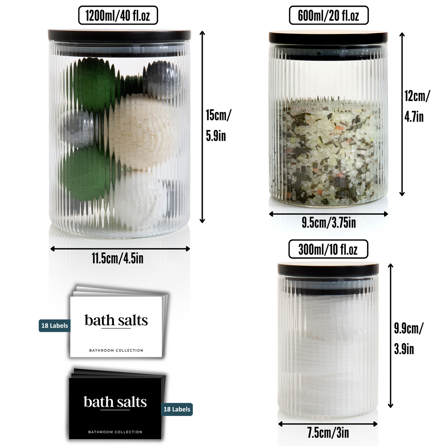 Set of 3 Multi-Size Ribbed Glass Bathroom Jars with Airtight Black Bamboo Lids -