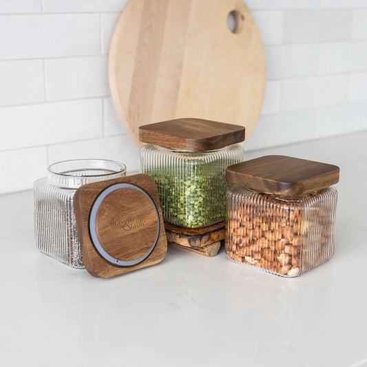750ml-25 fl.oz Square Ribbed Glass Storage Jars with Airtight Wooden Lids - Set of 3